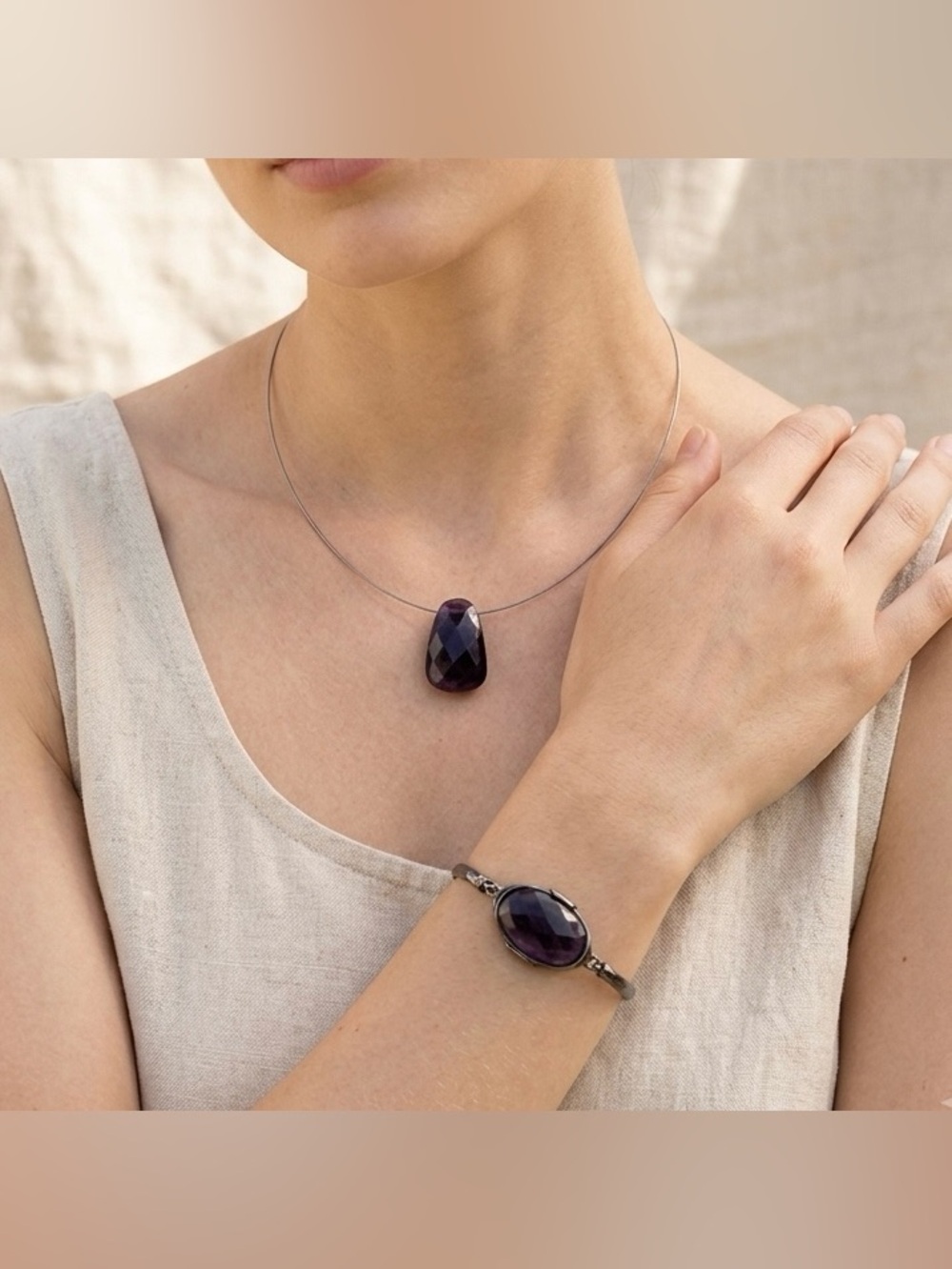 Vintage Y2K Purple Amethyst Stone Bangle Bracelet and Wire Necklace Set